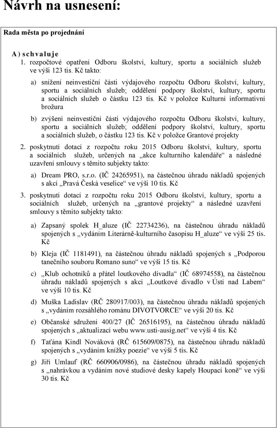 Kč v položce Kulturní informativní brožura b) zvýšení neinvestiční části výdajového rozpočtu Odboru školství, kultury, sportu a sociálních služeb; oddělení podpory školství, kultury, sportu a