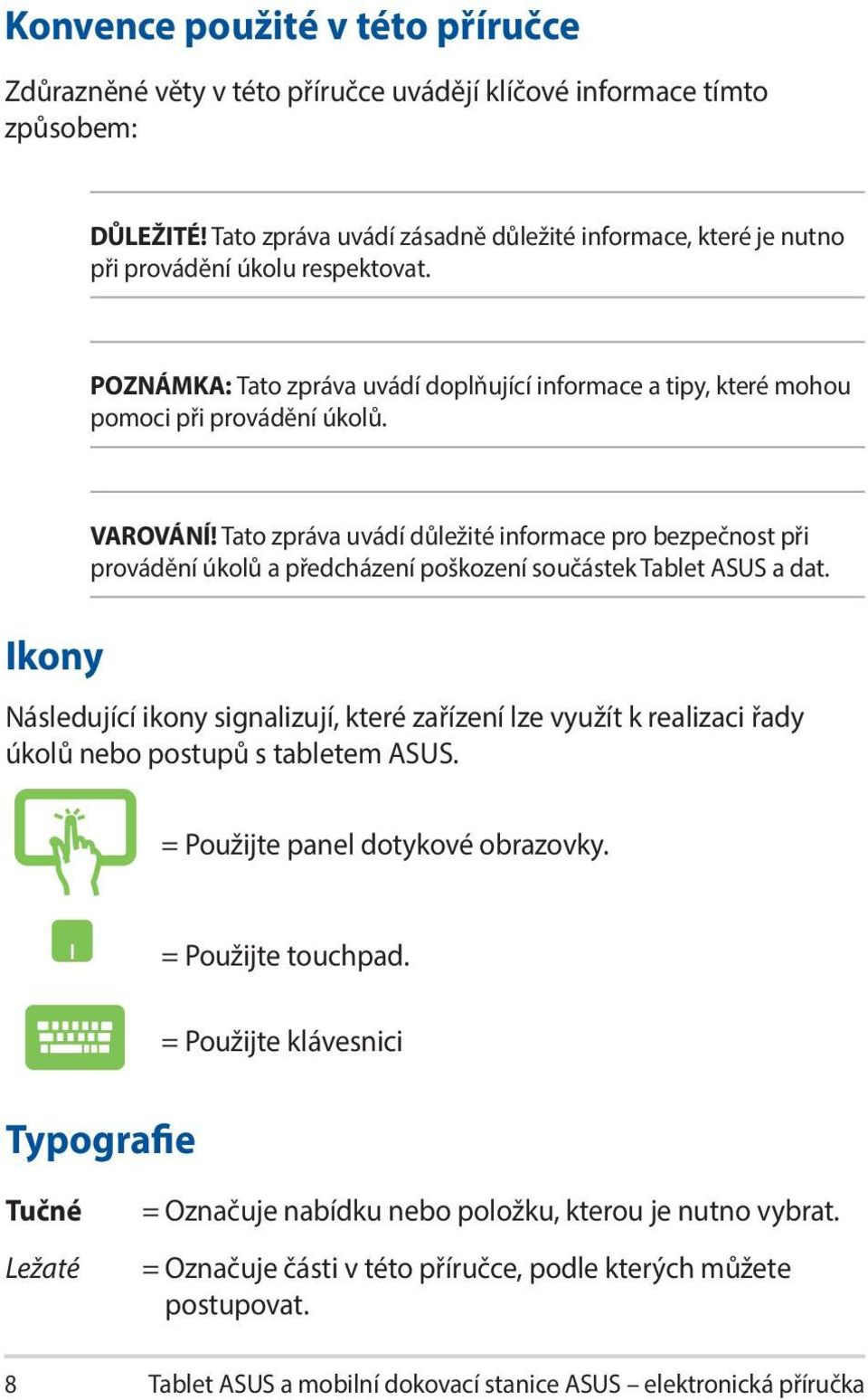 Ikony VAROVÁNÍ! Tato zpráva uvádí důležité informace pro bezpečnost při provádění úkolů a předcházení poškození součástek Tablet ASUS a dat.