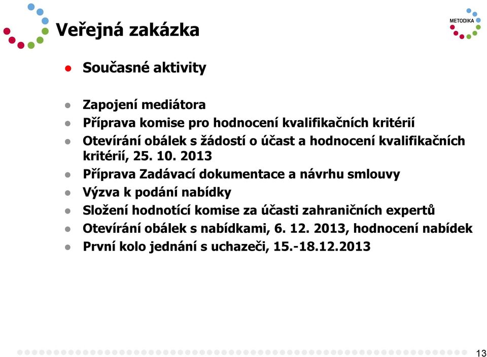 2013 Příprava Zadávací dokumentace a návrhu smlouvy Výzva k podání nabídky Složení hodnotící komise za