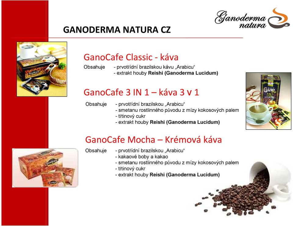 - třtinový cukr - extrakt houby Reishi (Ganoderma Lucidum) GanoCafe Mocha Krémová káva Obsahuje - prvotřídní brazilskou Arabicu