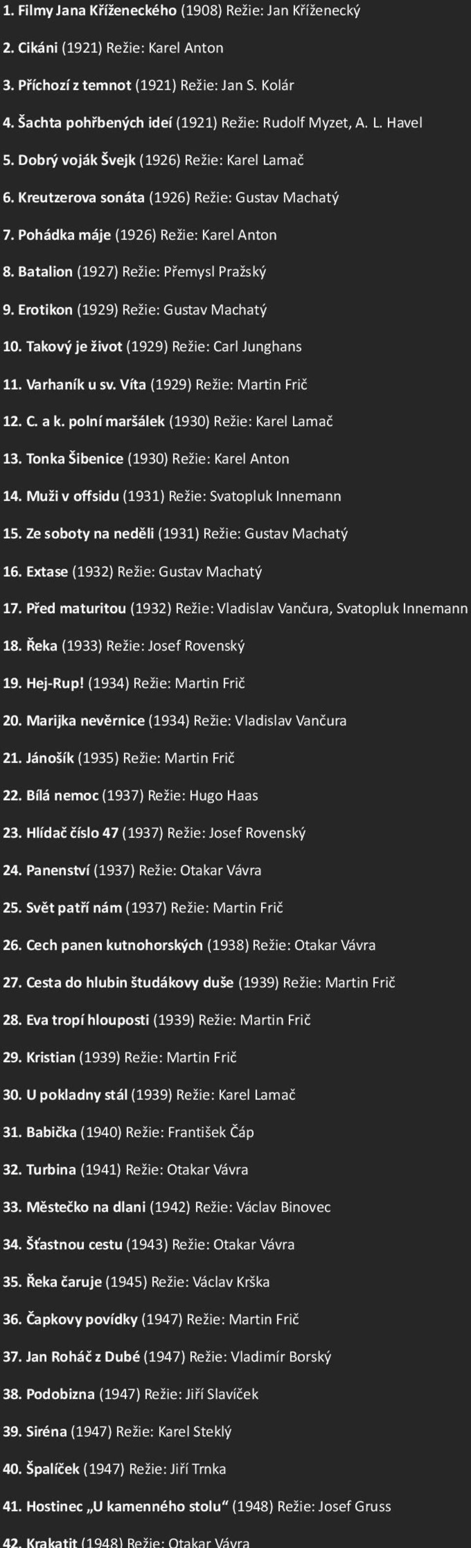 Erotikon (1929) Režie: Gustav Machatý 10. Takový je život (1929) Režie: Carl Junghans 11. Varhaník u sv. Víta (1929) Režie: Martin Frič 12. C. a k. polní maršálek (1930) Režie: Karel Lamač 13.