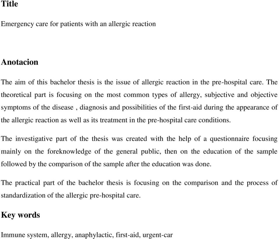 allergic reaction as well as its treatment in the pre-hospital care conditions.