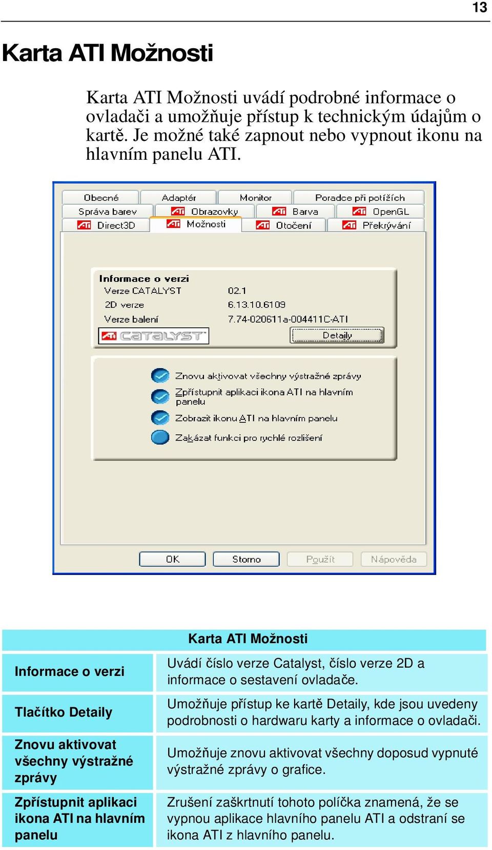 Informace o verzi Tlačítko Detaily Znovu aktivovat všechny výstražné zprávy Zpřístupnit aplikaci ikona ATI na hlavním panelu Karta ATI Možnosti Uvádí číslo verze Catalyst, číslo