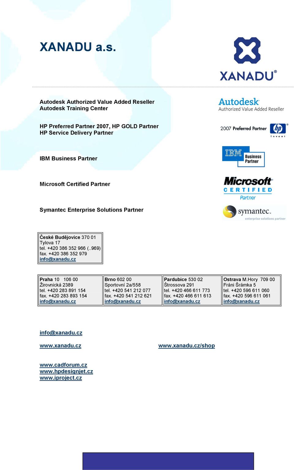 Partner Symantec Enterprise Solutions Partner České Budějovice 370 01 Tylova 17 tel. +420 386 352 966 (..969) fax. +420 386 352 979 Praha 10 106 00 Žirovnická 2389 tel.