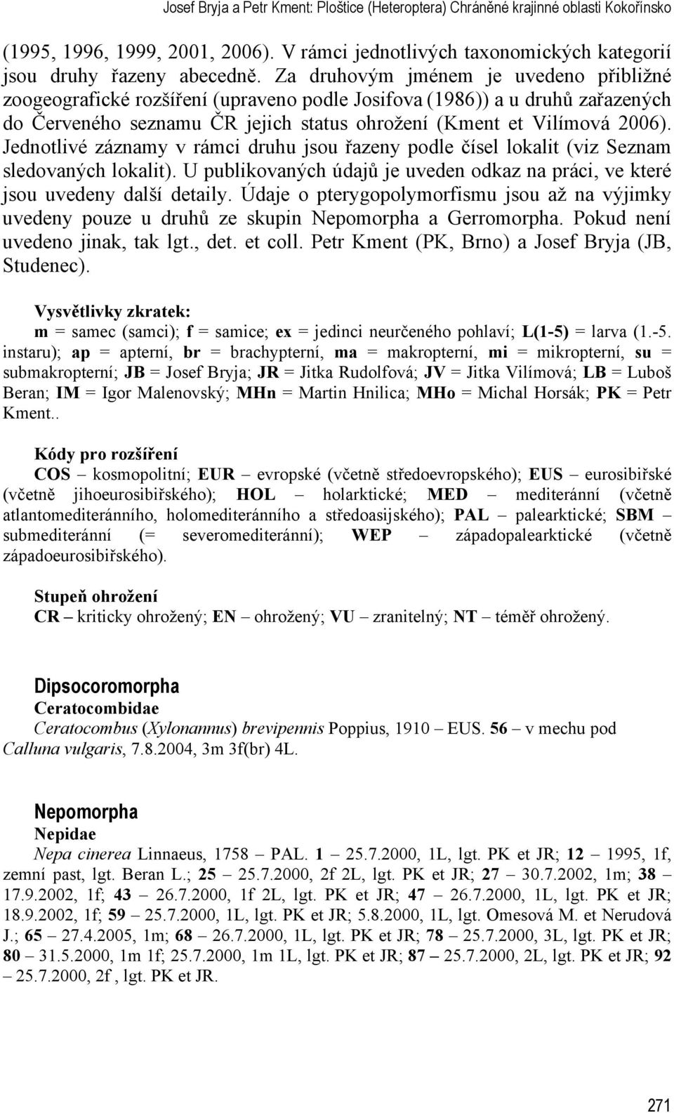 Jednotlivé záznamy v rámci druhu jsou řazeny podle čísel lokalit (viz Seznam sledovaných lokalit). U publikovaných údajů je uveden odkaz na práci, ve které jsou uvedeny další detaily.