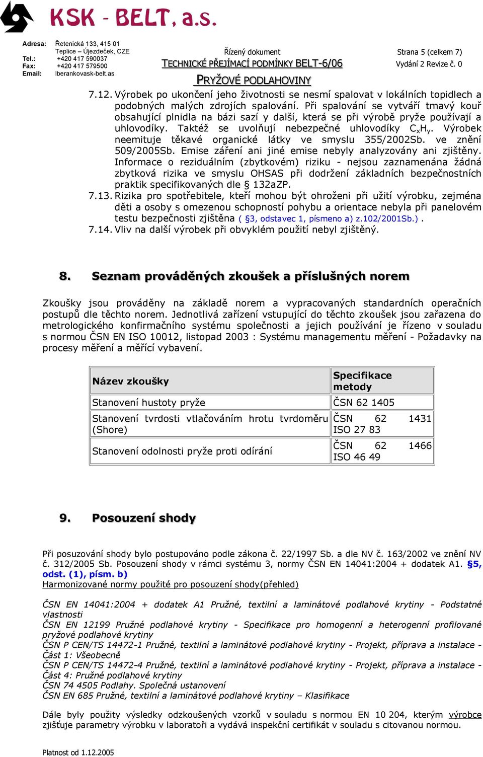 Výrobek neemituje těkavé organické látky ve smyslu 355/2002Sb. ve znění 509/2005Sb. Emise záření ani jiné emise nebyly analyzovány ani zjištěny.