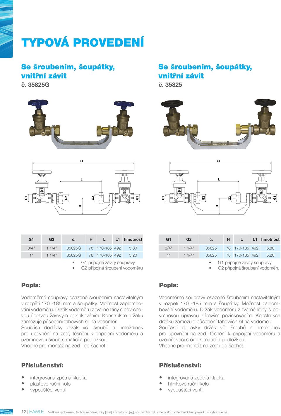 1 hmotnost 3/4" 1 1/4" 35825 78 170-185 492 5,80 1" 1 1/4" 35825 78 170-185 492 5,20 přípojné závity soupravy přípojná šroubení vodoměru v rozpětí 170-185 mm a šoupátky. Možnost zaplombování vodoměru.