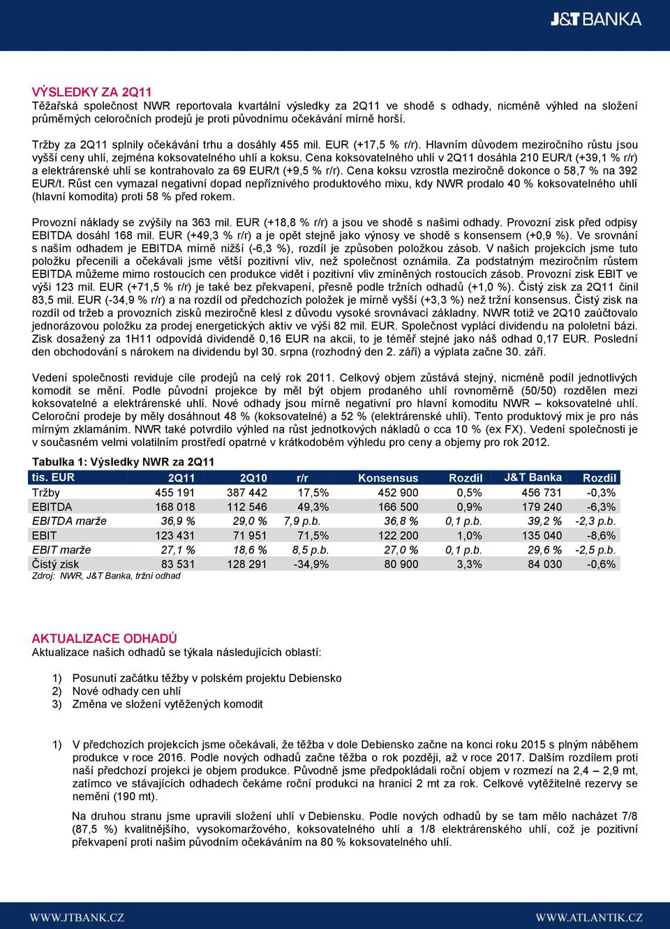 Cena koksovatelného uhlí v 2Q11 dosáhla 210 EUR/t (+39,1 % r/r) a elektrárenské uhlí se kontrahovalo za 69 EUR/t (+9,5 % r/r). Cena koksu vzrostla meziročně dokonce o 58,7 % na 392 EUR/t.