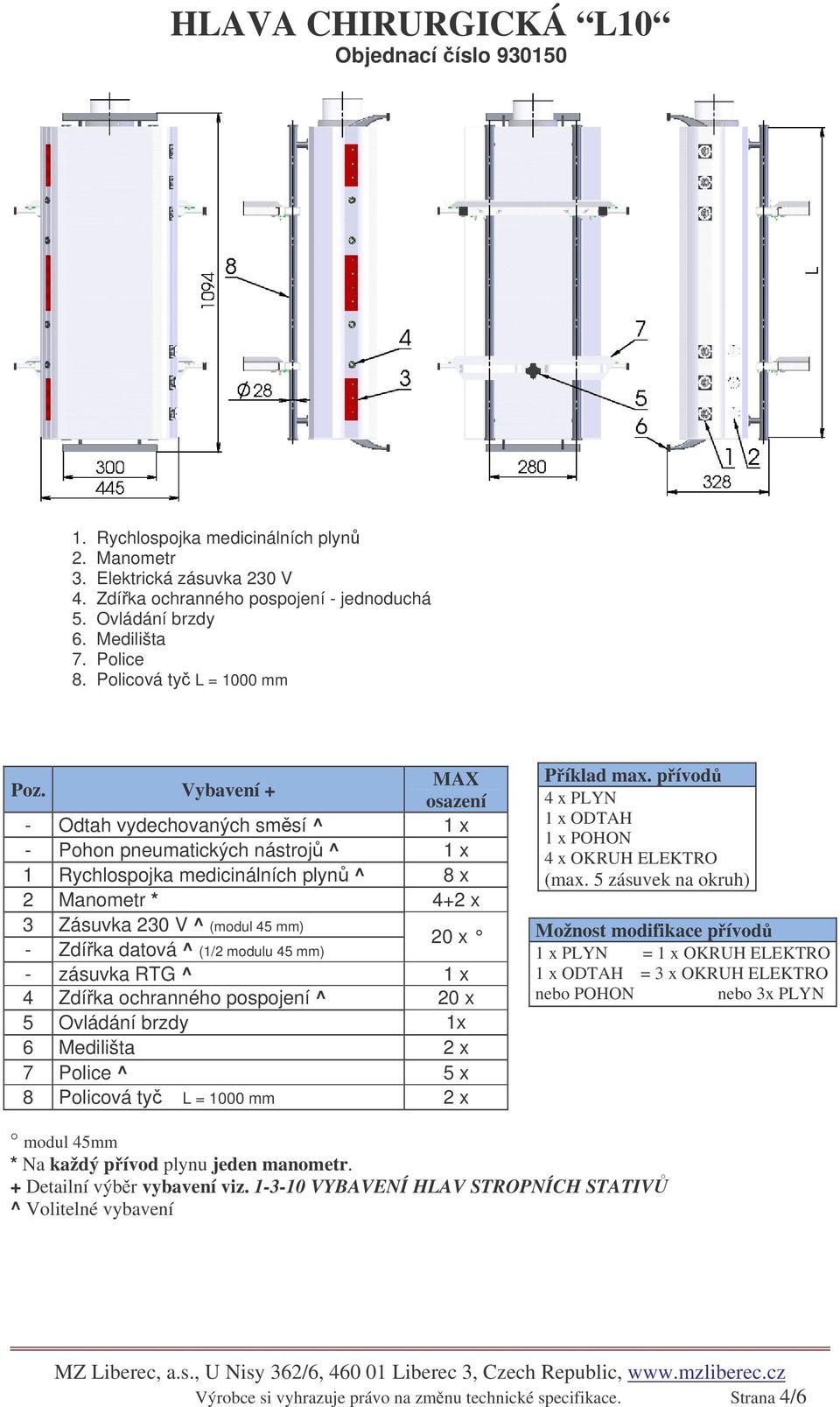 medicinálních plyn ^ 8 x 2 Manometr * 4+2 x 20 x - Zdíka datová ^ (1/2 modulu 45 mm) - zásuvka RTG ^ 1 x 4 Zdíka