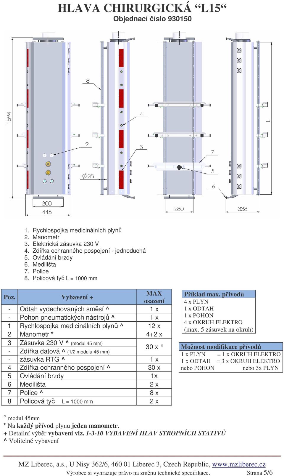 medicinálních plyn ^ 12 x 2 Manometr * 4+2 x 30 x - Zdíka datová ^ (1/2 modulu 45 mm) - zásuvka RTG ^ 1 x 4 Zdíka