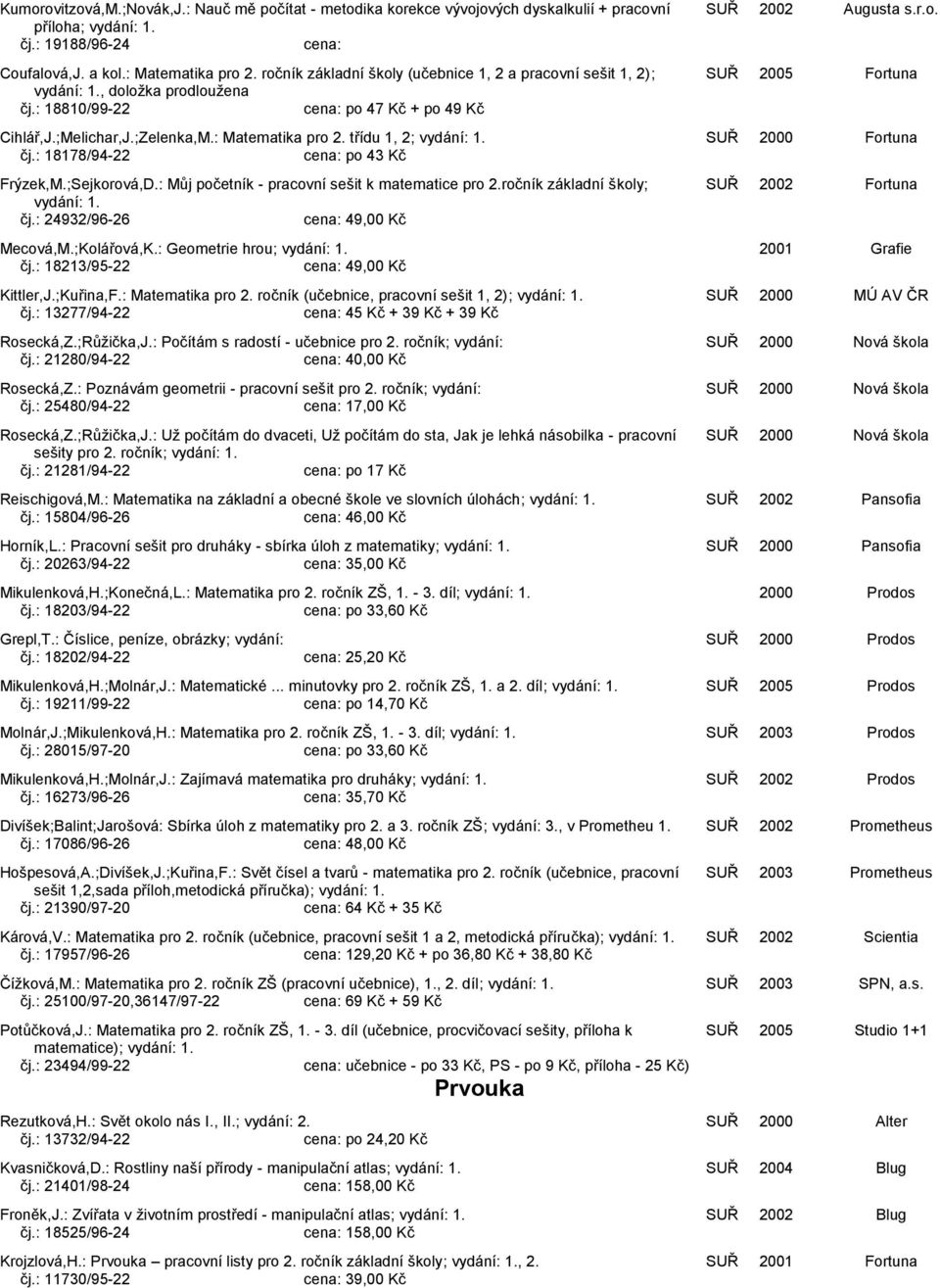 : Matematika pro 2. třídu 1, 2; SUŘ 2000 Fortuna čj.: 18178/94-22 po 43 Kč Frýzek,M.;Sejkorová,D.: Můj početník - pracovní sešit k matematice pro 2.ročník základní školy; čj.