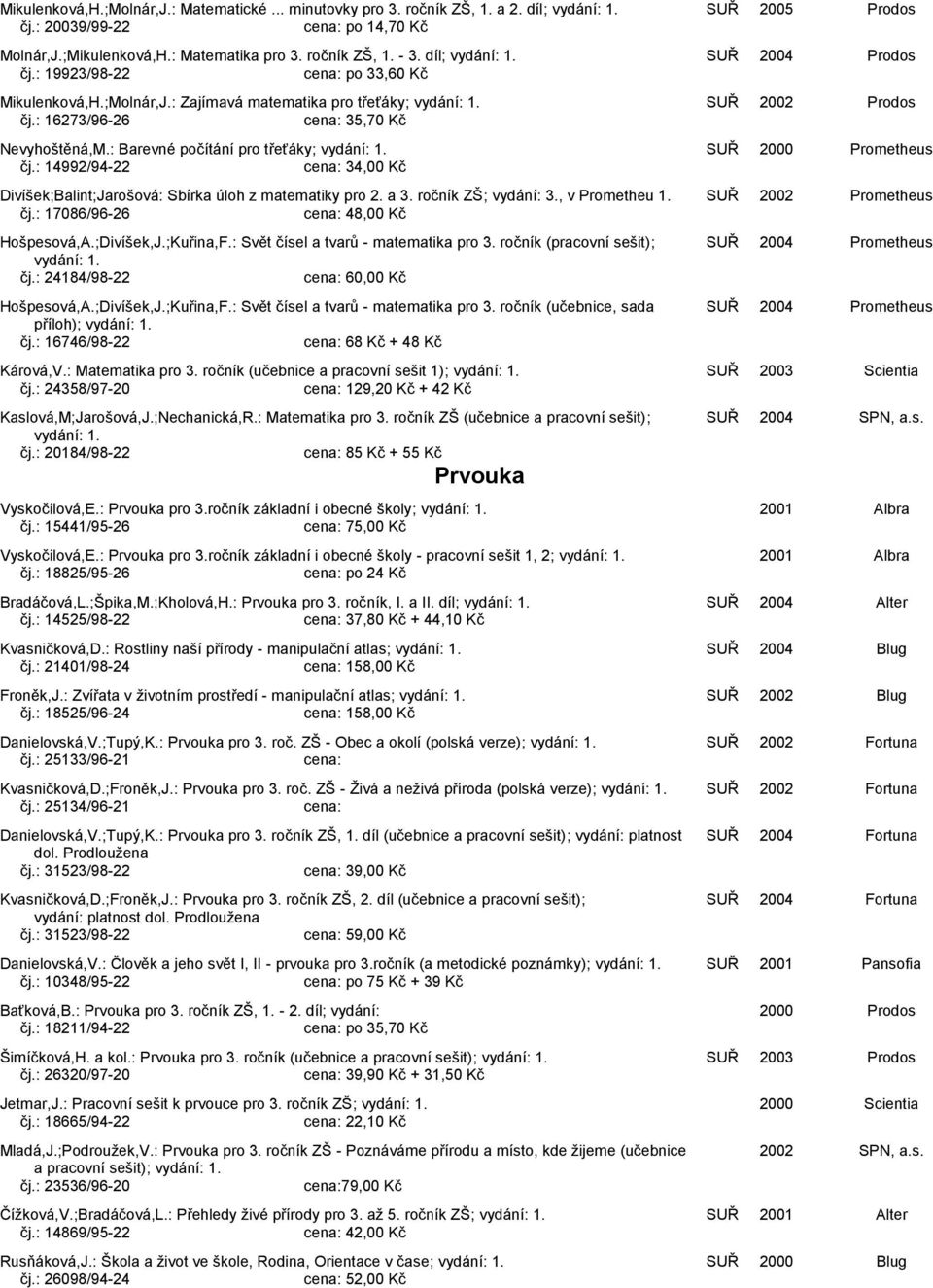 : Barevné počítání pro třeťáky; SUŘ 2000 Prometheus čj.: 14992/94-22 34,00 Kč Divíšek;Balint;Jarošová: Sbírka úloh z matematiky pro 2. a 3. ročník ZŠ; vydání: 3., v Prometheu 1.