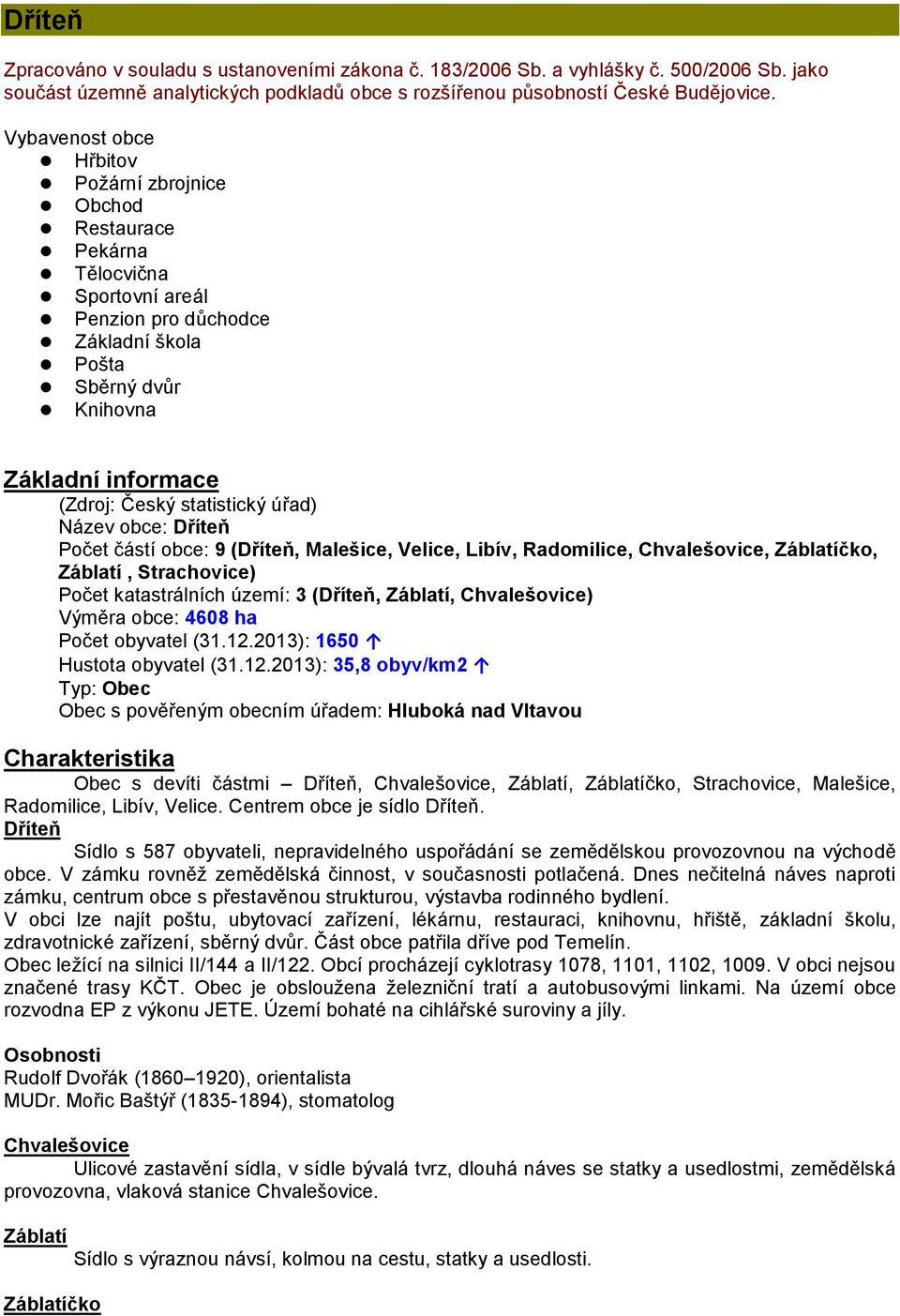 statistický úřad) Název obce: Dříteň Počet částí obce: 9 (Dříteň, Malešice, Velice, Libív, Radomilice, Chvalešovice, Záblatíčko, Záblatí, Strachovice) Počet katastrálních území: 3 (Dříteň, Záblatí,