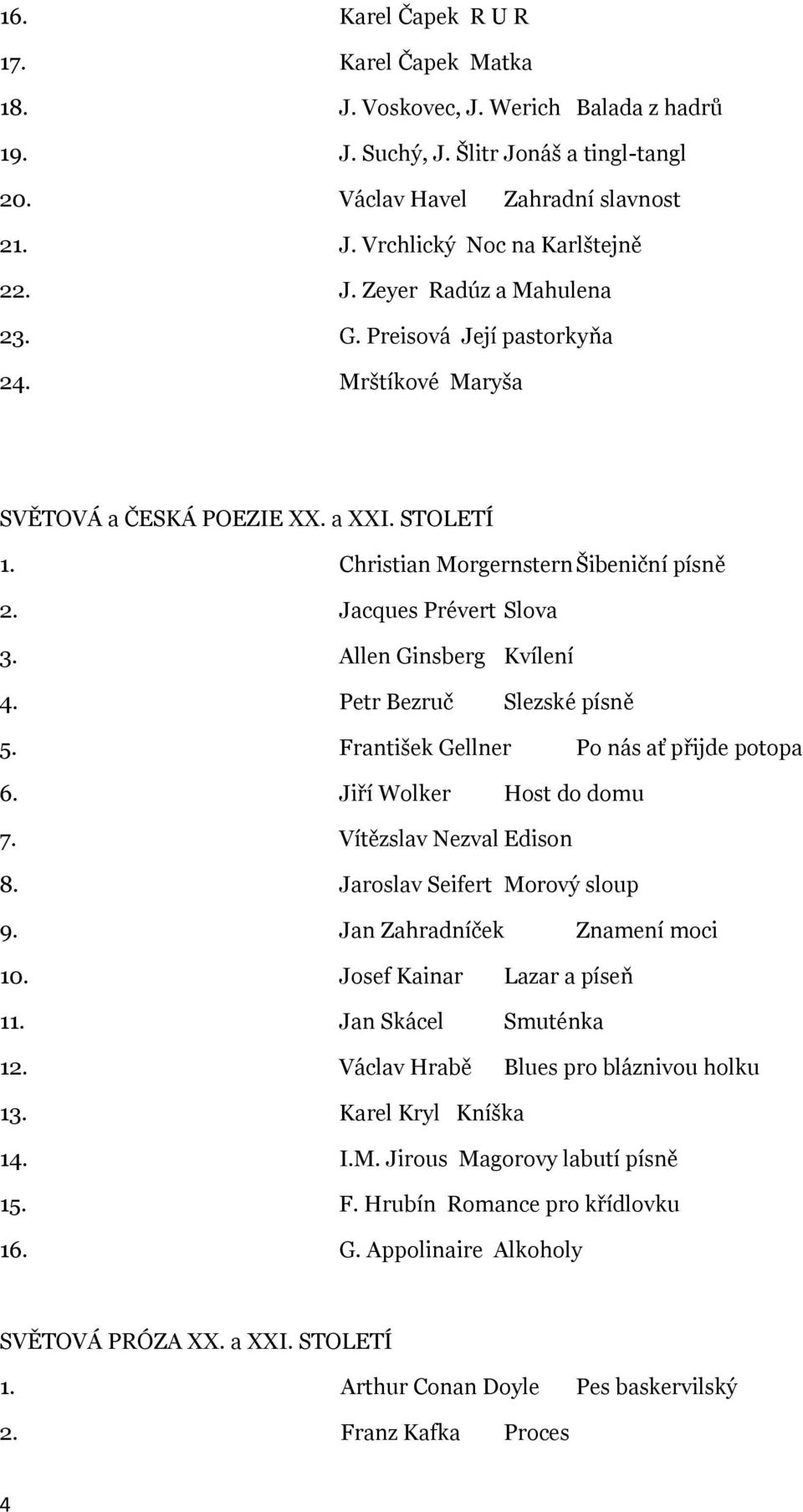 Allen Ginsberg Kvílení 4. Petr Bezruč Slezské písně 5. František Gellner Po nás ať přijde potopa 6. Jiří Wolker Host do domu 7. Vítězslav Nezval Edison 8. Jaroslav Seifert Morový sloup 9.