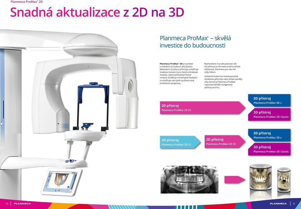 Rozhodnete-li se aktualizovat váš 2D přístroj na 3D nebo k němu přidat cefalostat, Planmeca pro vás má vždy řešení.