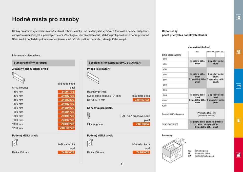 Doporučený počet příčných a podélných členění Jmenovitá délka [mm] 450 500 550 600 650 Informace k objednávce: Šířka korpusu [mm] Standardní šířky korpusu: Speciální šířky korpusu / SPACE CORNER: 300