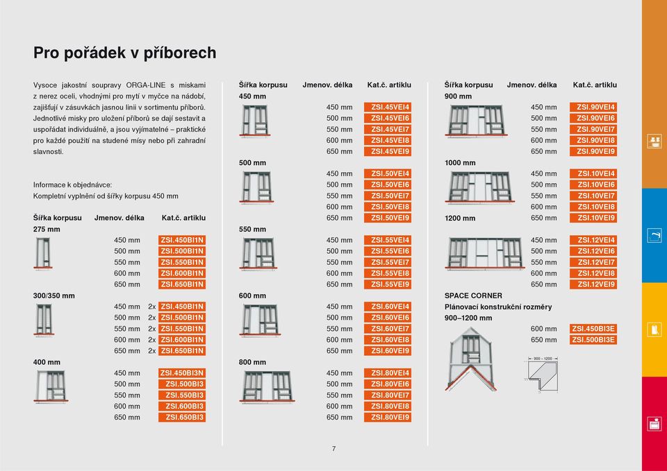 Informace k objednávce: Kompletní vyplnění od šířky korpusu Šířka korpusu Jmenov. délka Kat.č. artiklu 275 mm ZSI.450BI1N ZSI.500BI1N ZSI.550BI1N ZSI.600BI1N ZSI.650BI1N 300/350 mm 2x 2x 2x 2x 2x ZSI.