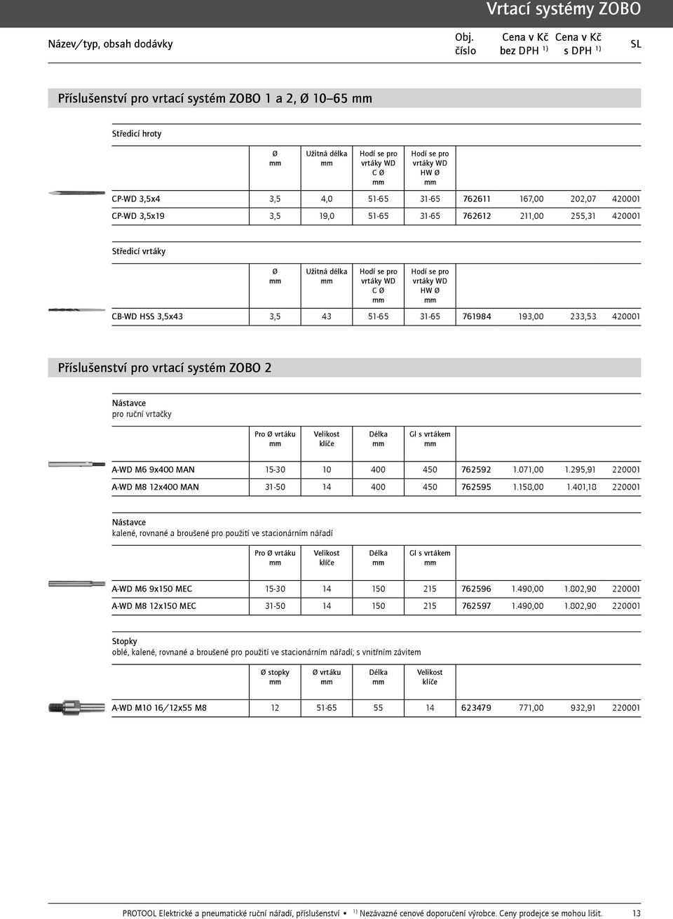 31-65 761984 193,00 233,53 420001 Příslušenství pro vrtací systém ZOBO 2 Nástavce pro ruční vrtačky Pro Ø vrtáku Velikost klíče Gl s vrtákem A-WD M6 9x400 MAN 15-30 10 400 450 762592 1.071,00 1.