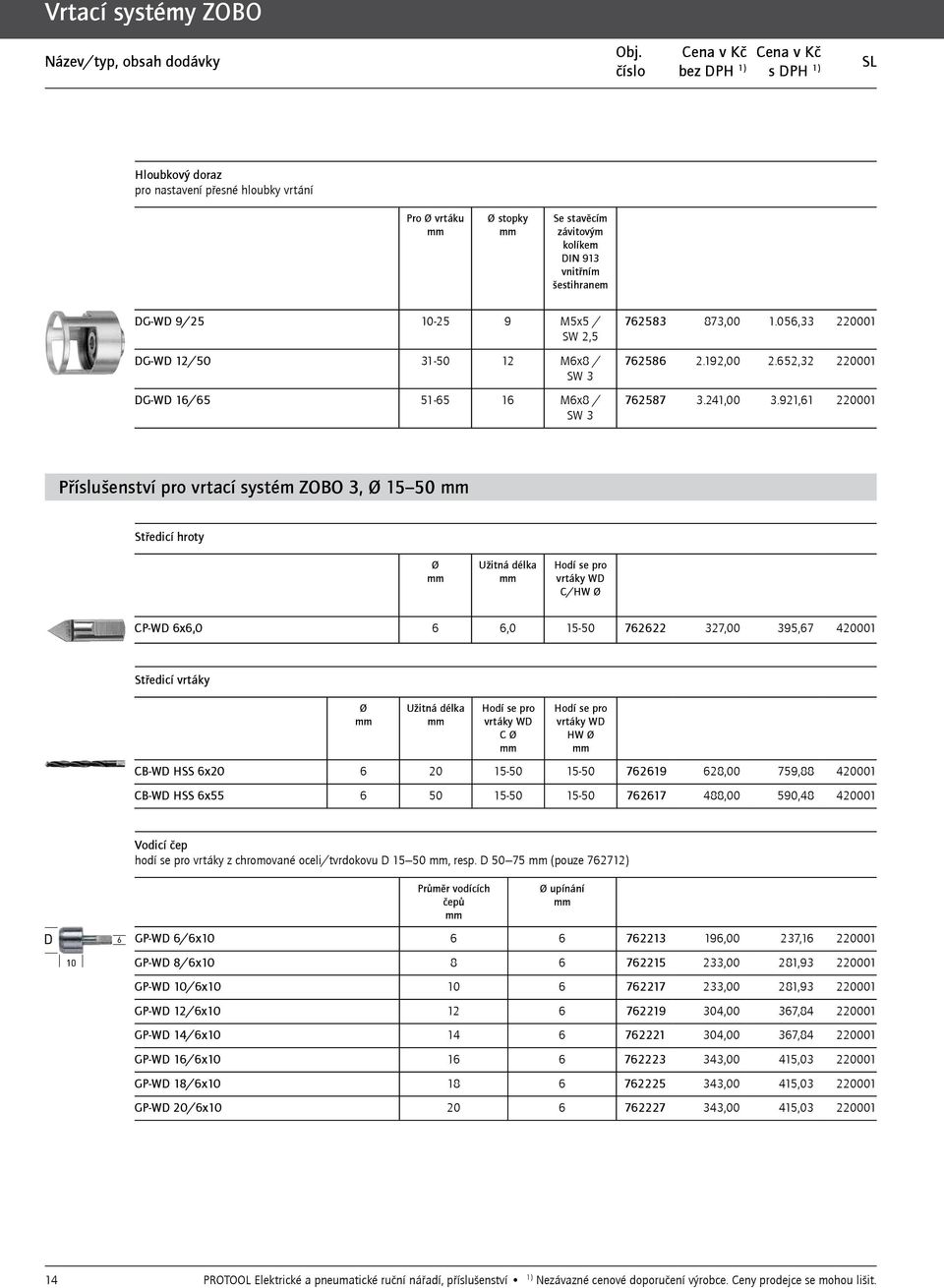 921,61 220001 Příslušenství pro vrtací systém ZOBO 3, Ø 15 50 Středicí hroty Ø Užitná délka Hodí se pro vrtáky WD C/HW Ø CP-WD 6x6,0 6 6,0 15-50 762622 327,00 395,67 420001 Středicí vrtáky Ø Užitná