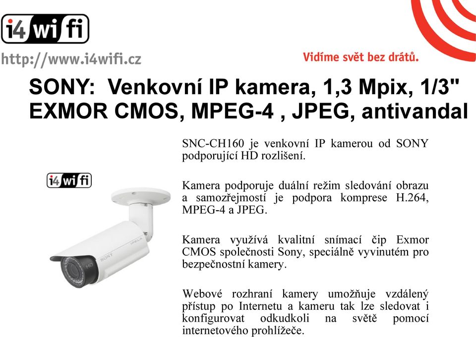 264, MPEG-4 a JPEG. Kamera využívá kvalitní snímací čip Exmor CMOS společnosti Sony, speciálně vyvinutém pro bezpečnostní kamery.