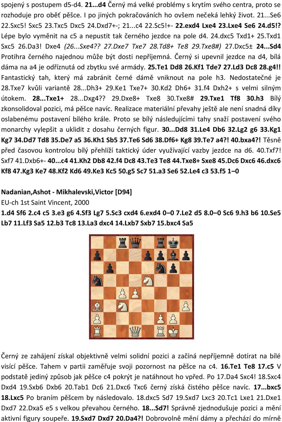 Dxe7 Txe7 28.Td8+ Te8 29.Txe8#) 27.Dxc5± 24...Sd4 Protihra černého najednou může být dosti nepříjemná. Černý si upevnil jezdce na d4, bílá dáma na a4 je odříznutá od zbytku své armády. 25.Te1 Dd8 26.