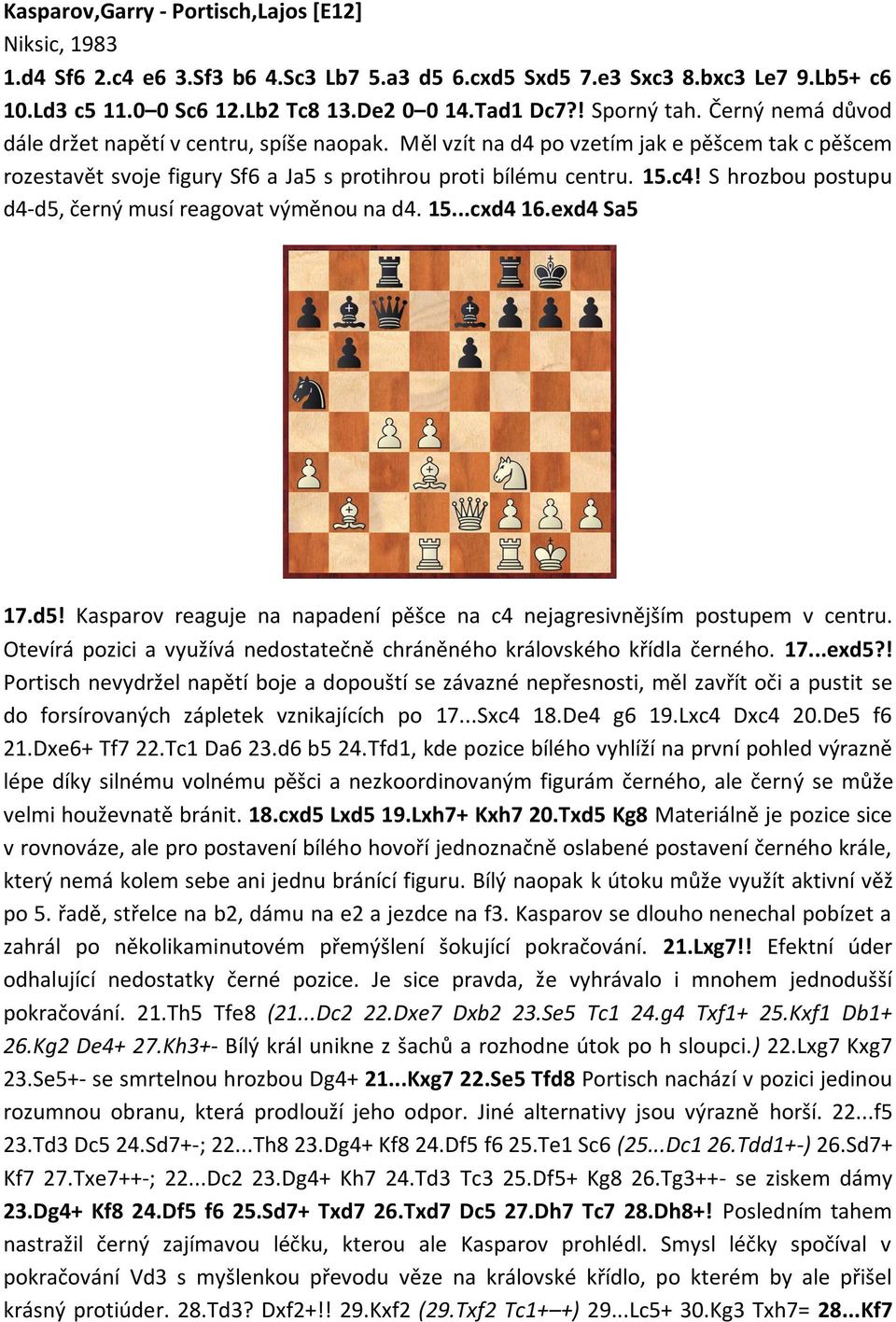 S hrozbou postupu d4-d5, černý musí reagovat výměnou na d4. 15...cxd4 16.exd4 Sa5 17.d5! Kasparov reaguje na napadení pěšce na c4 nejagresivnějším postupem v centru.