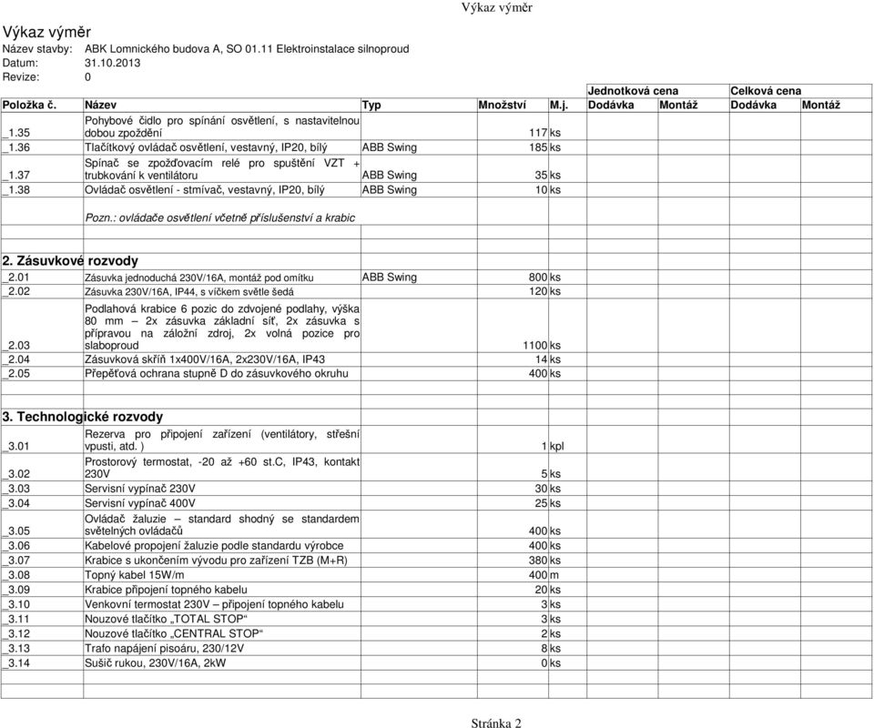 38 Ovládač osvětlení - stmívač, vestavný, IP20, bílý ABB Swing 10 ks Pozn.: ovládače osvětlení včetně příslušenství a krabic 2. Zásuvkové rozvody _2.