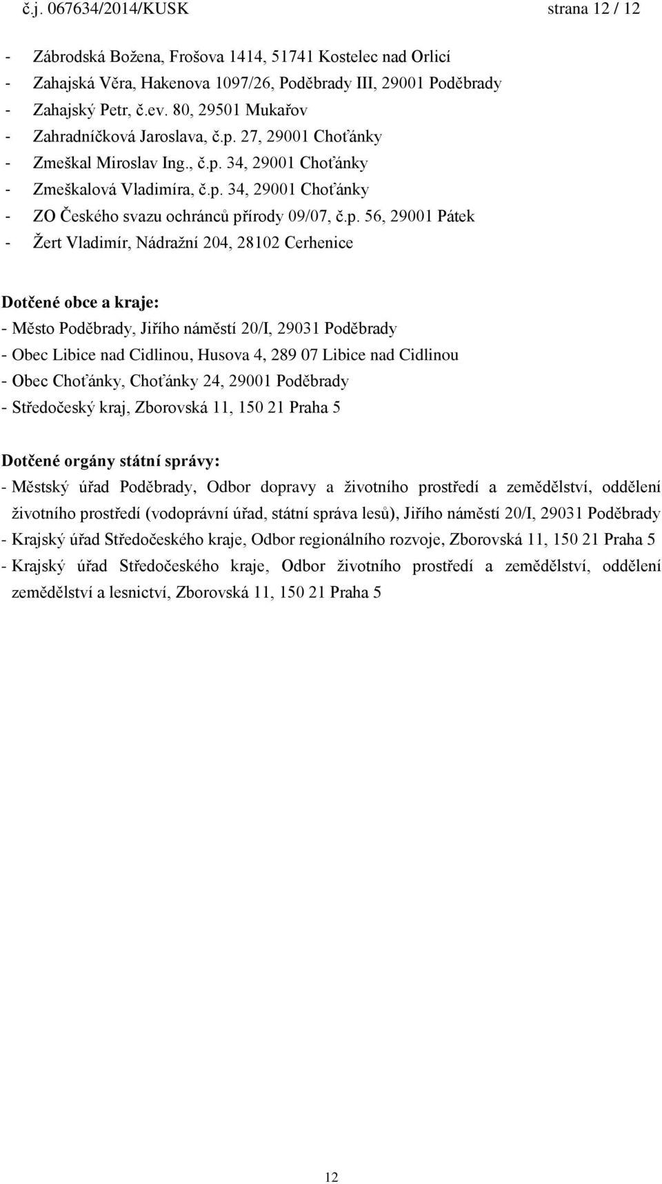 p. 56, 29001 Pátek - Žert Vladimír, Nádražní 204, 28102 Cerhenice Dotčené obce a kraje: - Město Poděbrady, Jiřího náměstí 20/I, 29031 Poděbrady - Obec Libice nad Cidlinou, Husova 4, 289 07 Libice nad