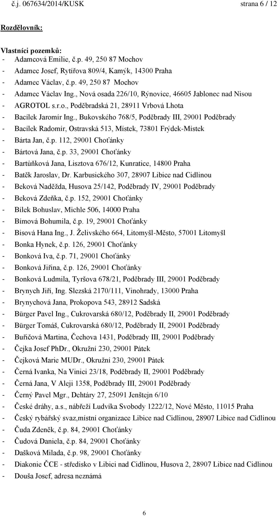 , Bukovského 768/5, Poděbrady III, 29001 Poděbrady - Bacílek Radomír, Ostravská 513, Místek, 73801 Frýdek-Místek - Bárta Jan, č.p.