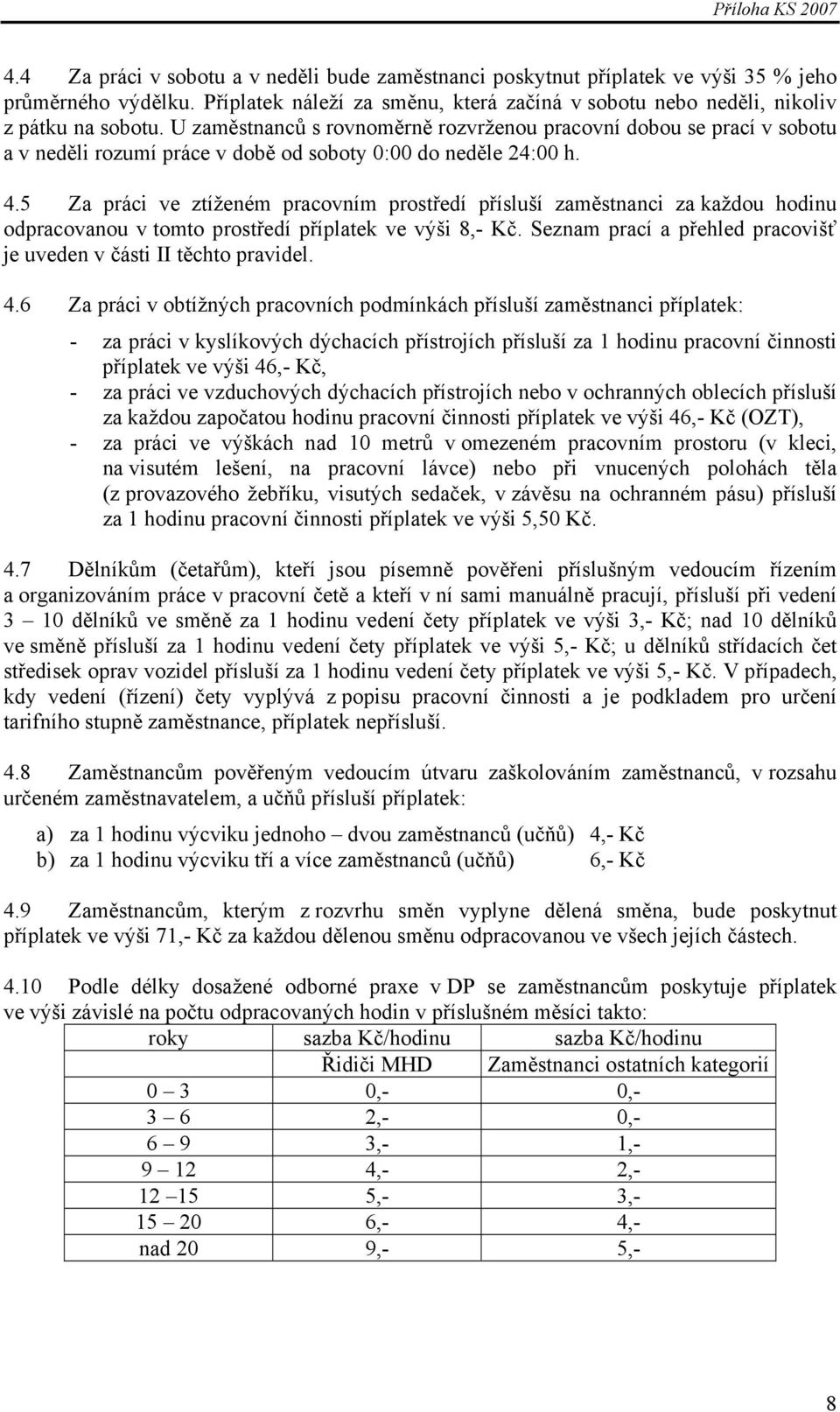 5 Za práci ve ztíženém pracovním prostředí přísluší zaměstnanci za každou hodinu odpracovanou v tomto prostředí příplatek ve výši 8,- Kč.