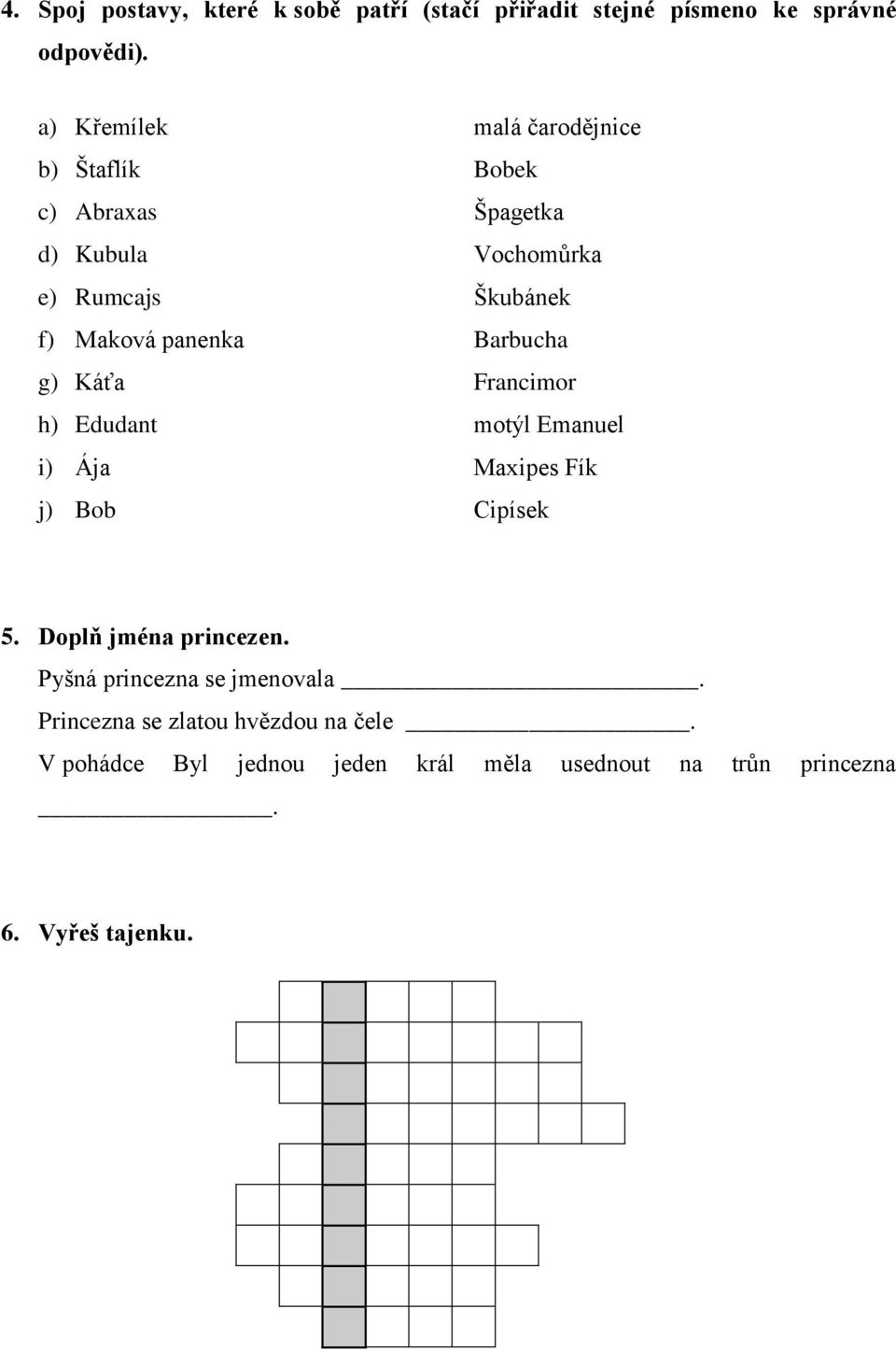 panenka Barbucha g) Káťa Francimor h) Edudant motýl Emanuel i) Ája Maxipes Fík j) Bob Cipísek 5. Doplň jména princezen.