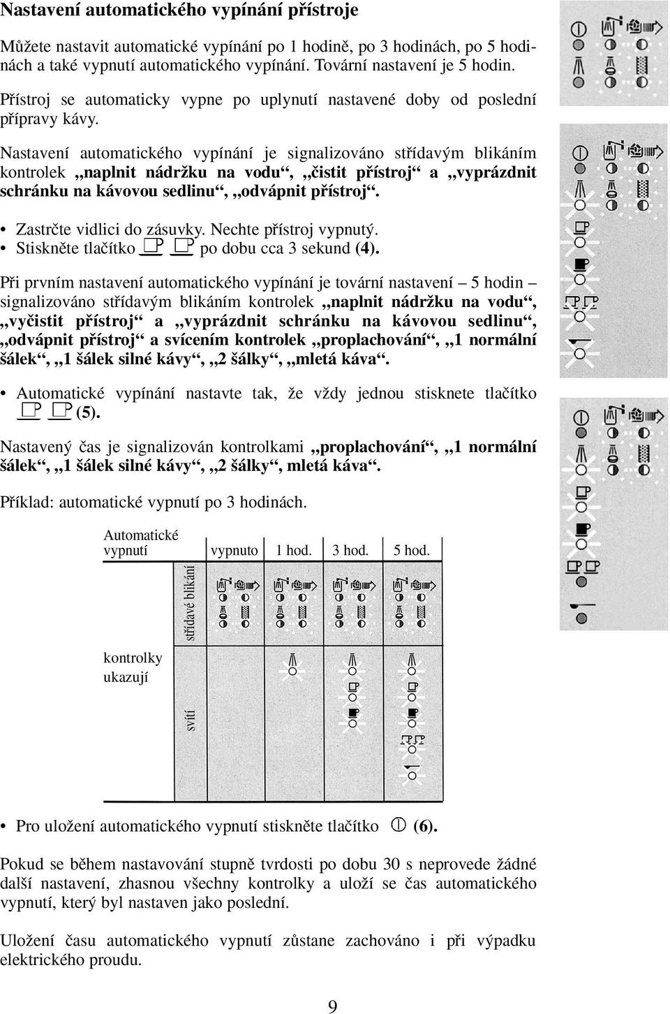 Nastavení automatického vypínání je signalizováno stfiídav m blikáním kontrolek naplnit nádrïku na vodu, ãistit pfiístroj a vyprázdnit schránku na kávovou sedlinu, odvápnit pfiístroj.