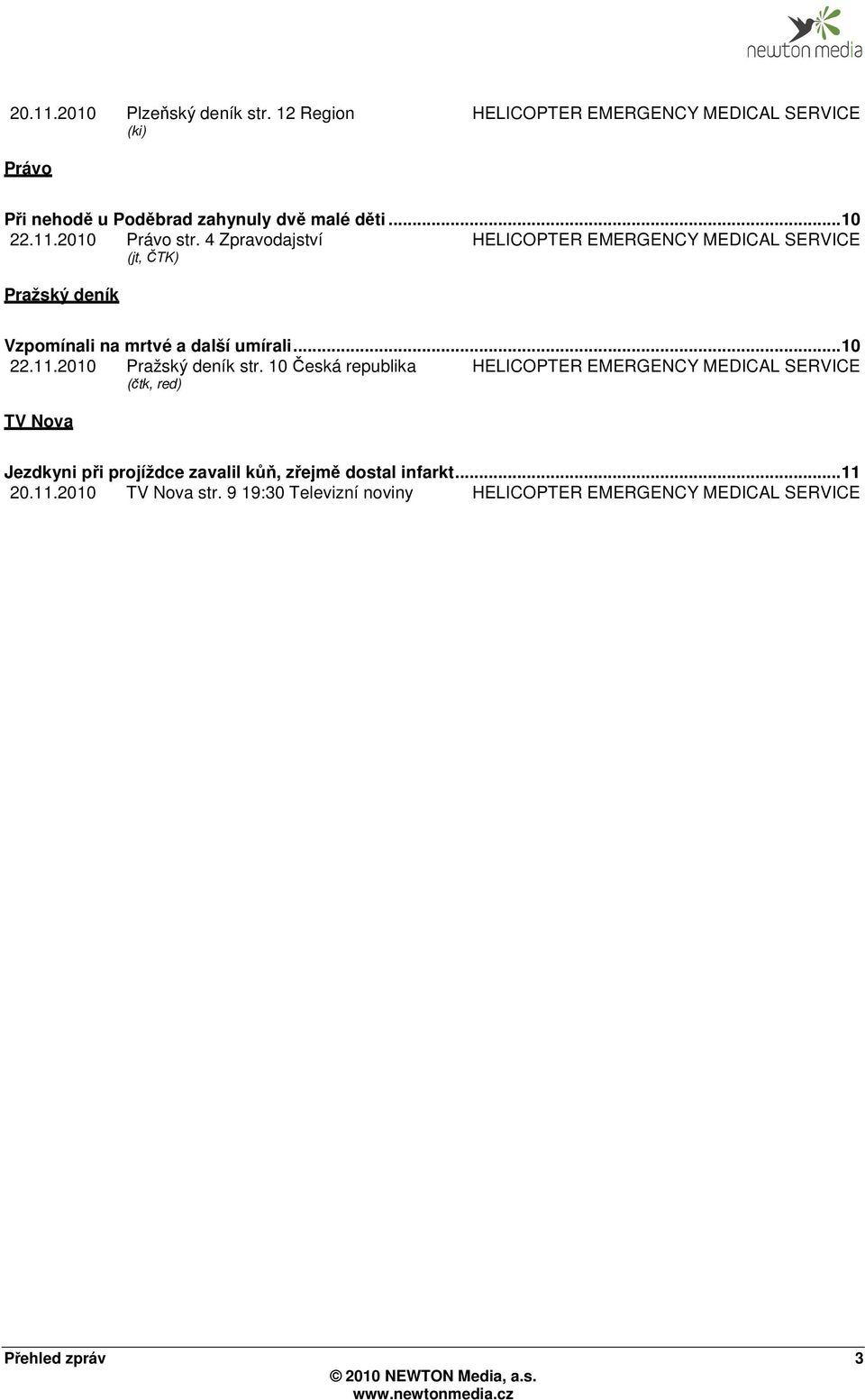 4 Zpravodajství HELICOPTER EMERGENCY MEDICAL SERVICE (jt, ČTK) Pražský deník Vzpomínali na mrtvé a další umírali... 10 22.11.
