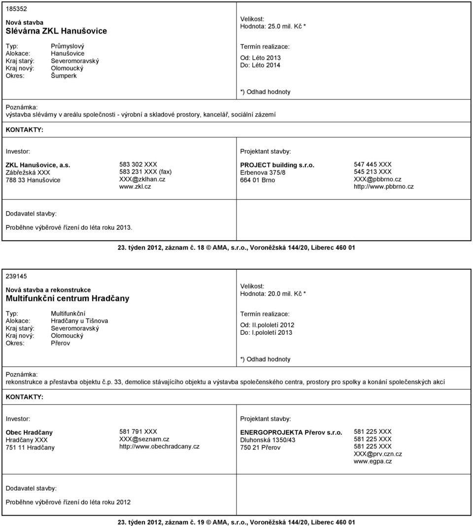 cz www.zkl.cz PROJECT building s.r.o. Erbenova 375/8 664 01 Brno 547 445 XXX 545 213 XXX XXX@pbbrno.cz http://www.pbbrno.cz Proběhne výběrové řízení do léta roku 2013. 23. týden 2012, záznam č.