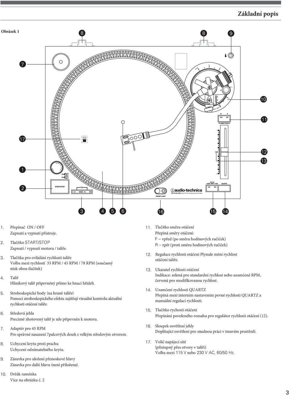 Stroboskopické body (na hraně talíře) Pomocí stroboskopického efektu zajišťují vizuální kontrolu aktuální rychlosti otáčení talíře. 6.