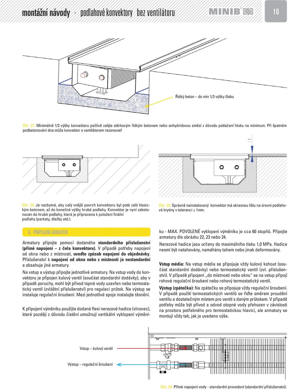 Při špatném podbetonování dna může konvektor s ventilátorem rezonovat! Obr. 22: Je nezbytné, aby celý vnější povrch konvektoru byl poté zalit klasickým betonem, až do konečné výšky hrubé podlahy.