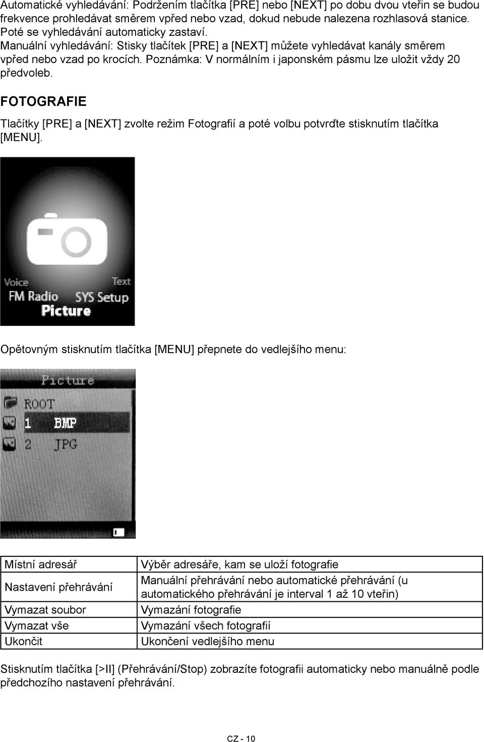 Poznámka: V normálním i japonském pásmu lze uložit vždy 20 předvoleb. Fotografie Tlačítky [PRE] a [NEXT] zvolte režim Fotografií a poté volbu potvrďte stisknutím tlačítka [MENU].