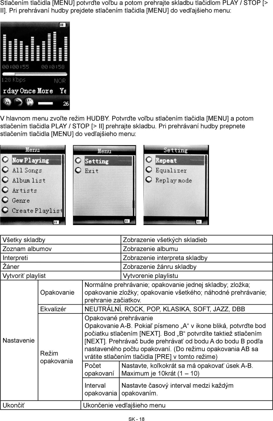 Potvrďte voľbu stlačením tlačidla [MENU] a potom stlačením tlačidla PLAY / STOP [> II] prehrajte skladbu.