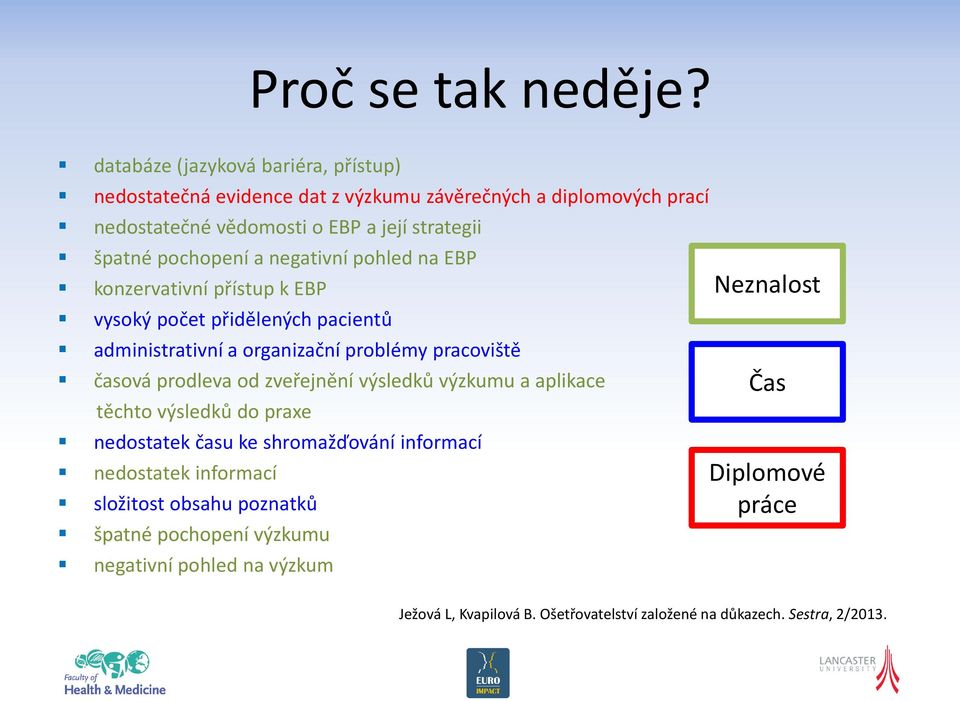 pochopení a negativní pohled na EBP konzervativní přístup k EBP vysoký počet přidělených pacientů administrativní a organizační problémy pracoviště časová prodleva