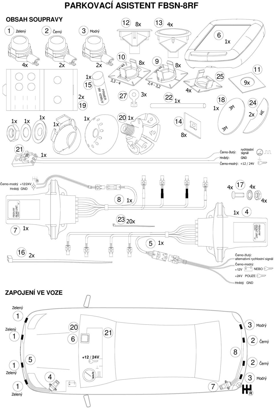 FBSN-FRF FRONT UNIT 12/24V xx 1 Černo-žlutý: alternativní rychlostní signál Černo-modrý: +12V + - NEBO +24V POUZE Hnědý GND ZAPOJENÍ VE VOZE Zelený