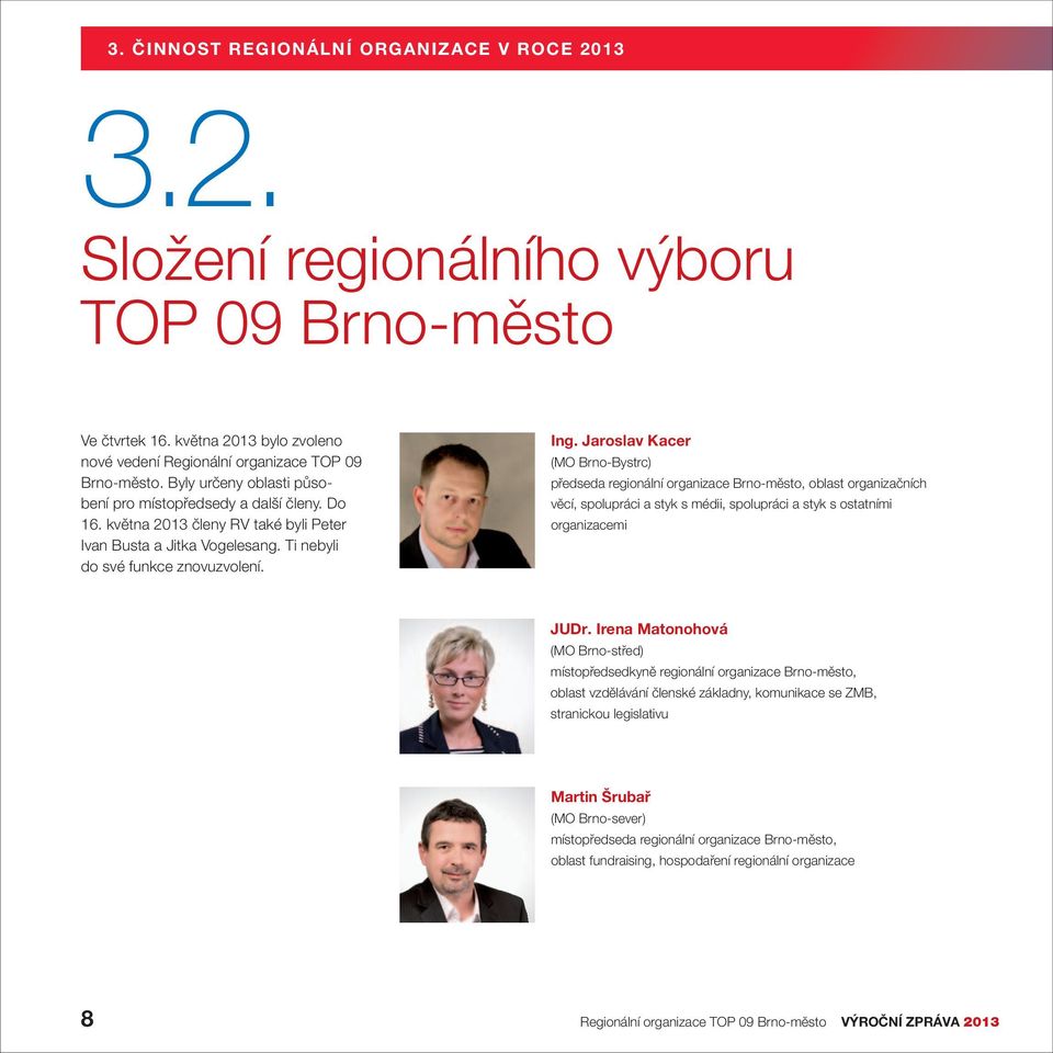 Jaroslav Kacer (MO Brno-Bystrc) předseda regionální organizace Brno -město, oblast organizačních věcí, spolupráci a styk s médii, spolupráci a styk s ostatními organizacemi JUDr.