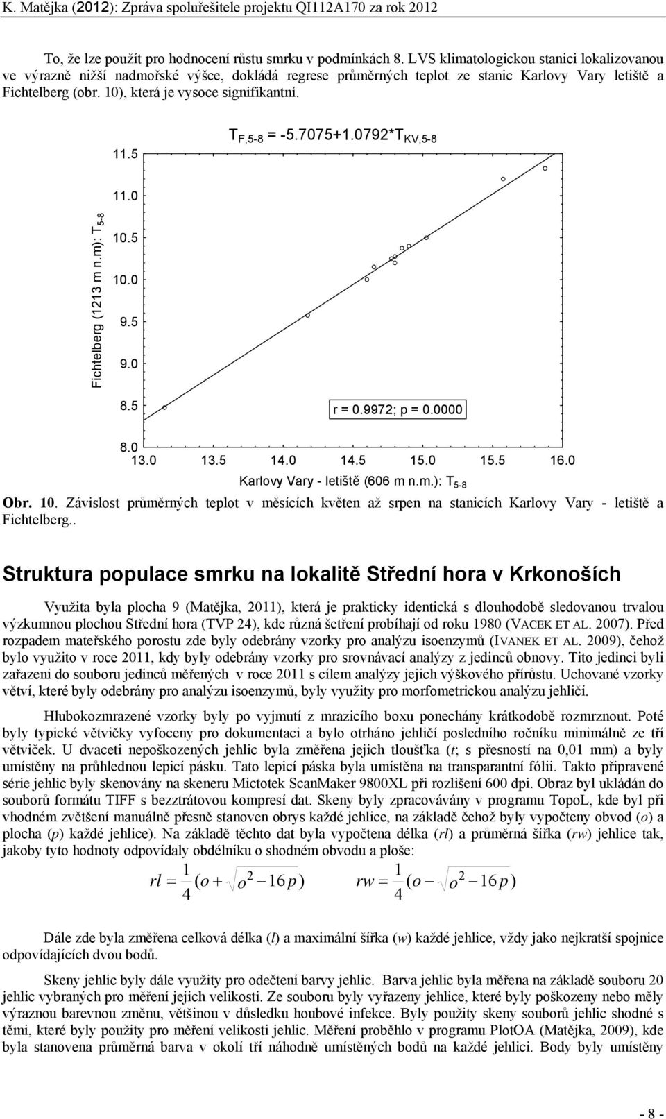 5 T F,5-8 = -5.775+1.792*T KV,5-8 11. Fichtelberg (1213 m n.m): T 5-8 1.5 1. 9.5 9. 8.5 r =.9972; p =. 8. 13. 13.5 1. 1.5 15. 15.5 16. Karlovy Vary - letiště (66 m n.m.): T 5-8 Obr. 1. Závislost průměrných teplot v měsících květen až srpen na stanicích Karlovy Vary - letiště a Fichtelberg.