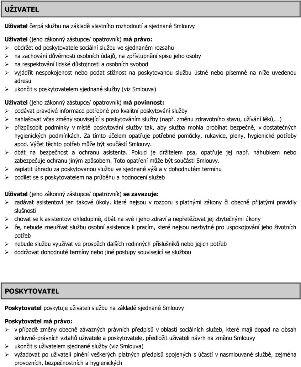 nebo písemně na níže uvedenou adresu ukončit s poskytovatelem sjednané služby (viz Smlouva) Uživatel (jeho zákonný zástupce/ opatrovník) má povinnost: podávat pravdivé informace potřebné pro kvalitní
