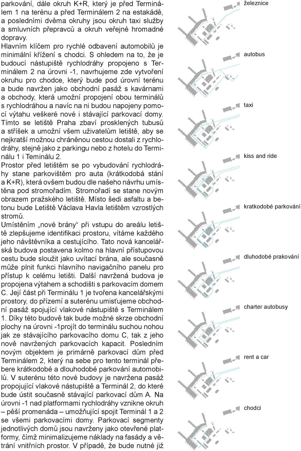 S ohledem na to, že je budoucí nástupiště rychlodráhy propojeno s Terminálem 2 na úrovni -1, navrhujeme zde vytvoření okruhu pro chodce, který bude pod úrovní terénu a bude navržen jako obchodní