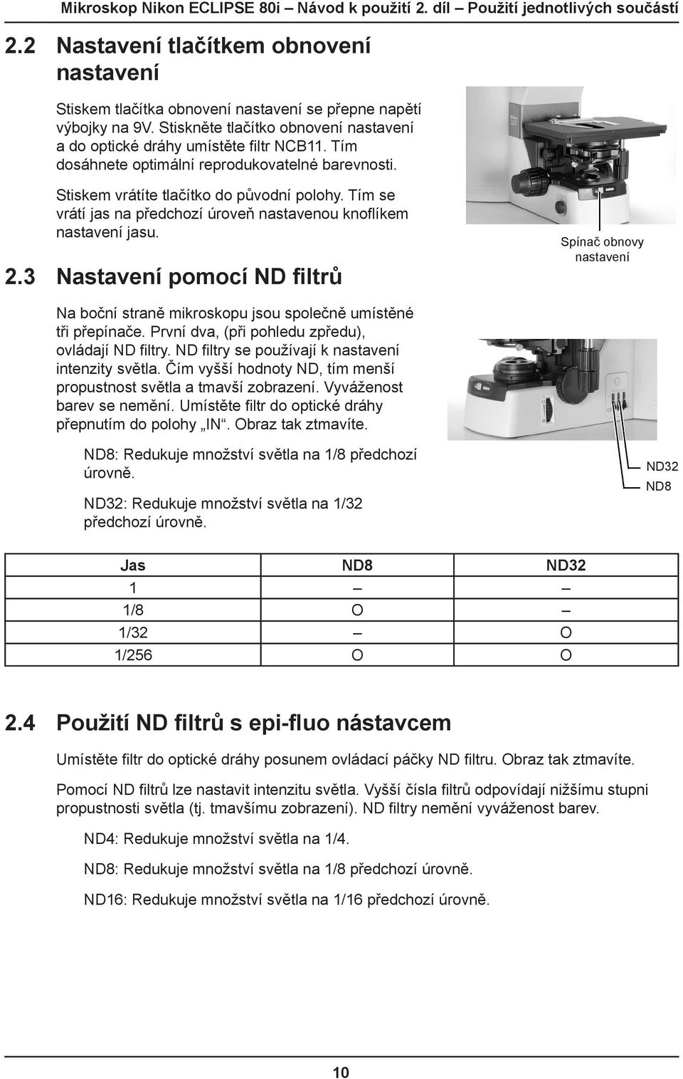 3 Nastavení pomocí ND filtrů Spínač obnovy nastavení Na boční straně mikroskopu jsou společně umístěné tři přepínače. První dva, (při pohledu zpředu), ovládají ND filtry.