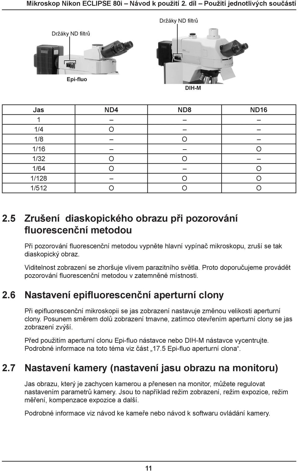 Viditelnost zobrazení se zhoršuje vlivem parazitního světla. Proto doporučujeme provádět pozorování fluorescenční metodou v zatemněné místnosti. 2.