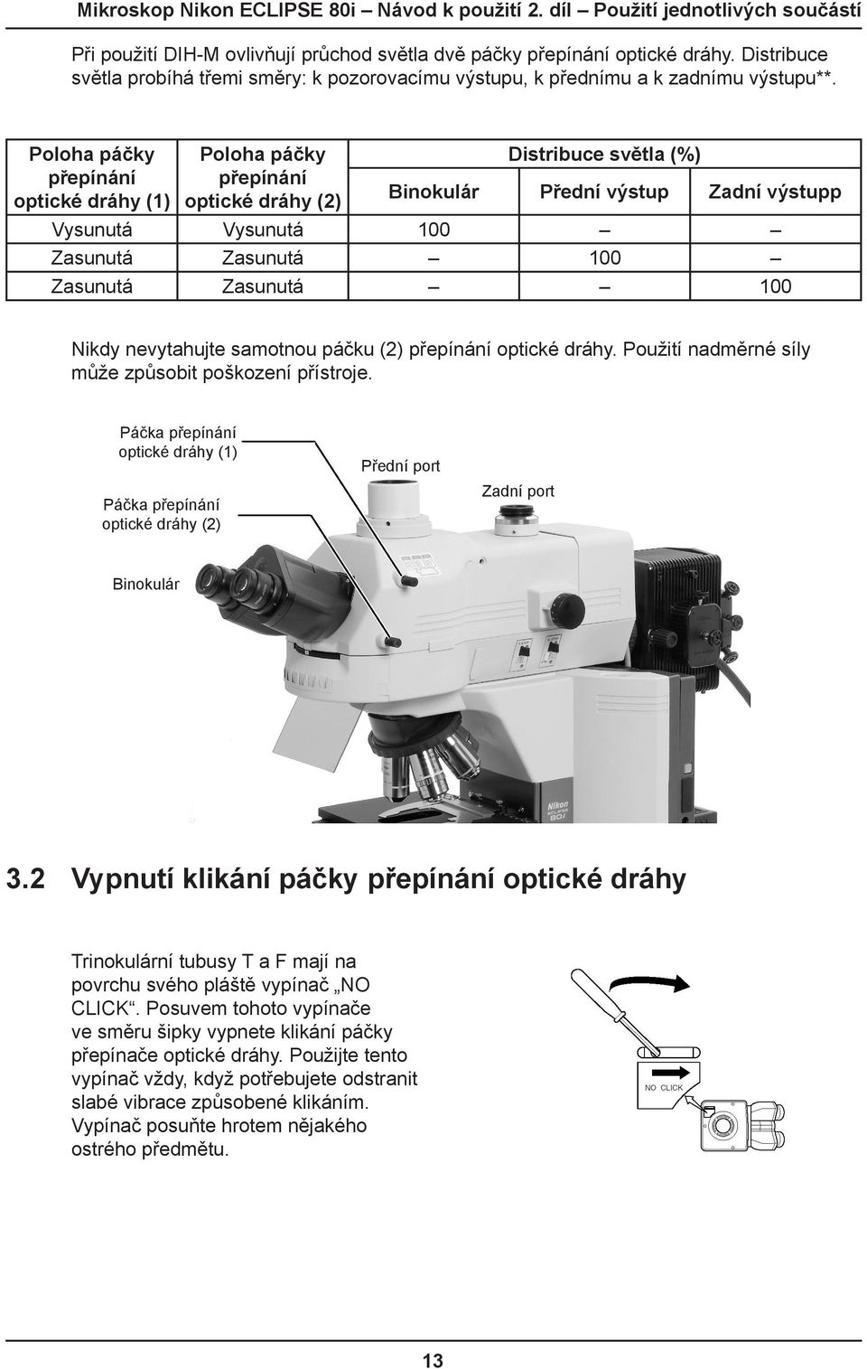 Zasunutá 100 Nikdy nevytahujte samotnou páčku (2) přepínání optické dráhy. Použití nadměrné síly může způsobit poškození přístroje.