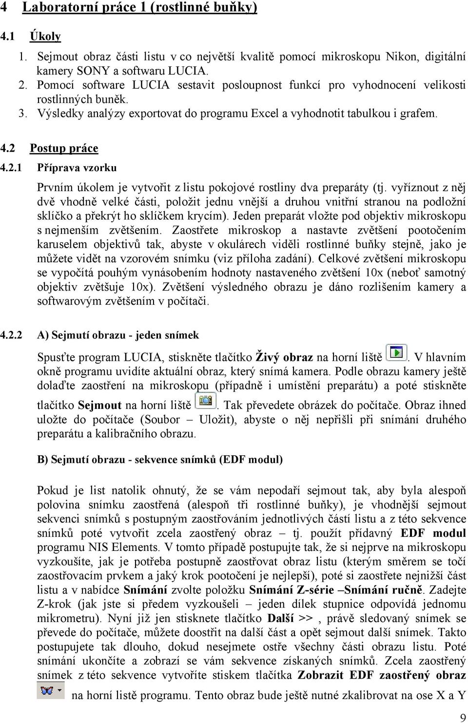 Postup práce 4.2.1 Příprava vzorku Prvním úkolem je vytvořit z listu pokojové rostliny dva preparáty (tj.