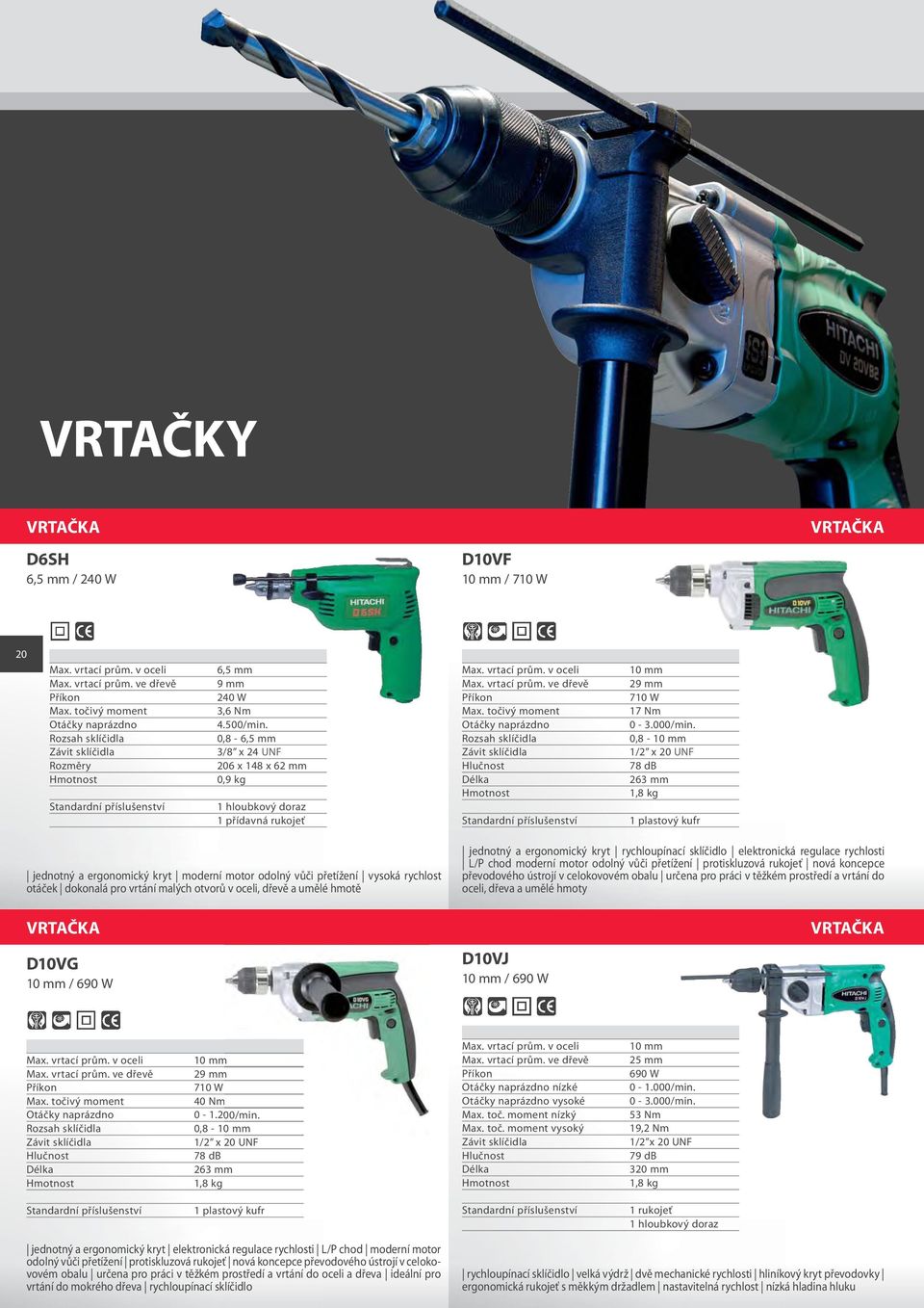 0,8-10 mm 1/2 x 20 UNF 78 db 263 mm 1,8 kg 1 plastový kufr jednotný a ergonomický kryt moderní motor odolný vůči přetížení vysoká rychlost otáček dokonalá pro vrtání malých otvorů v oceli, dřevě a