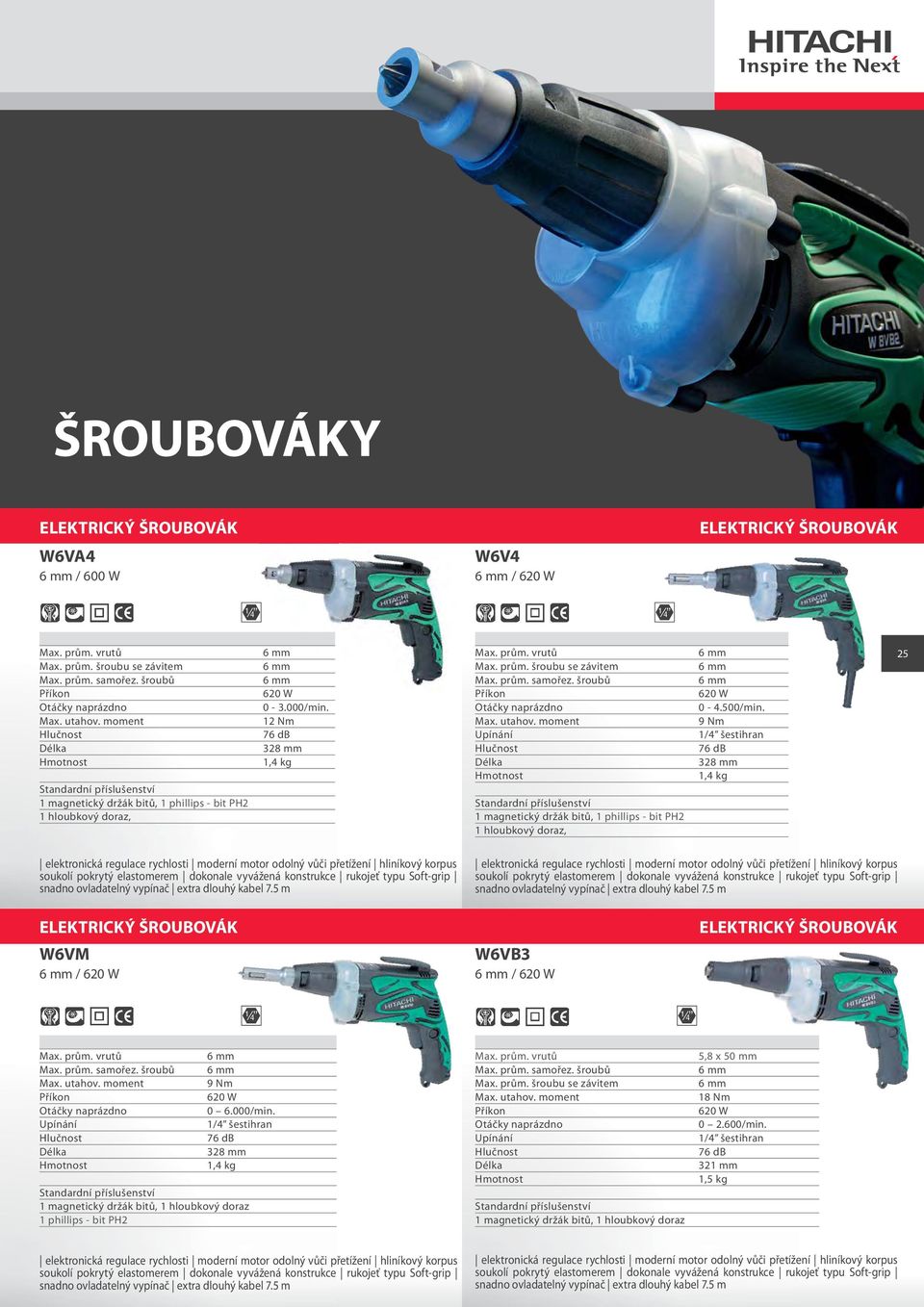 šroubů Max. utahov. moment Upínání 1 magnetický držák bitů, 1 phillips - bit PH2 1 hloubkový doraz, 6 mm 6 mm 6 mm 620 W 0-4.500/min.